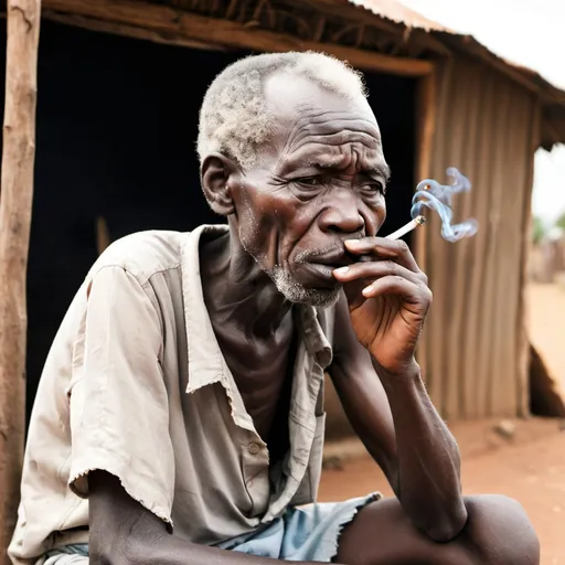 Prompt: An African old man with a cigarette in his mouth, sitting outside a shack crying 