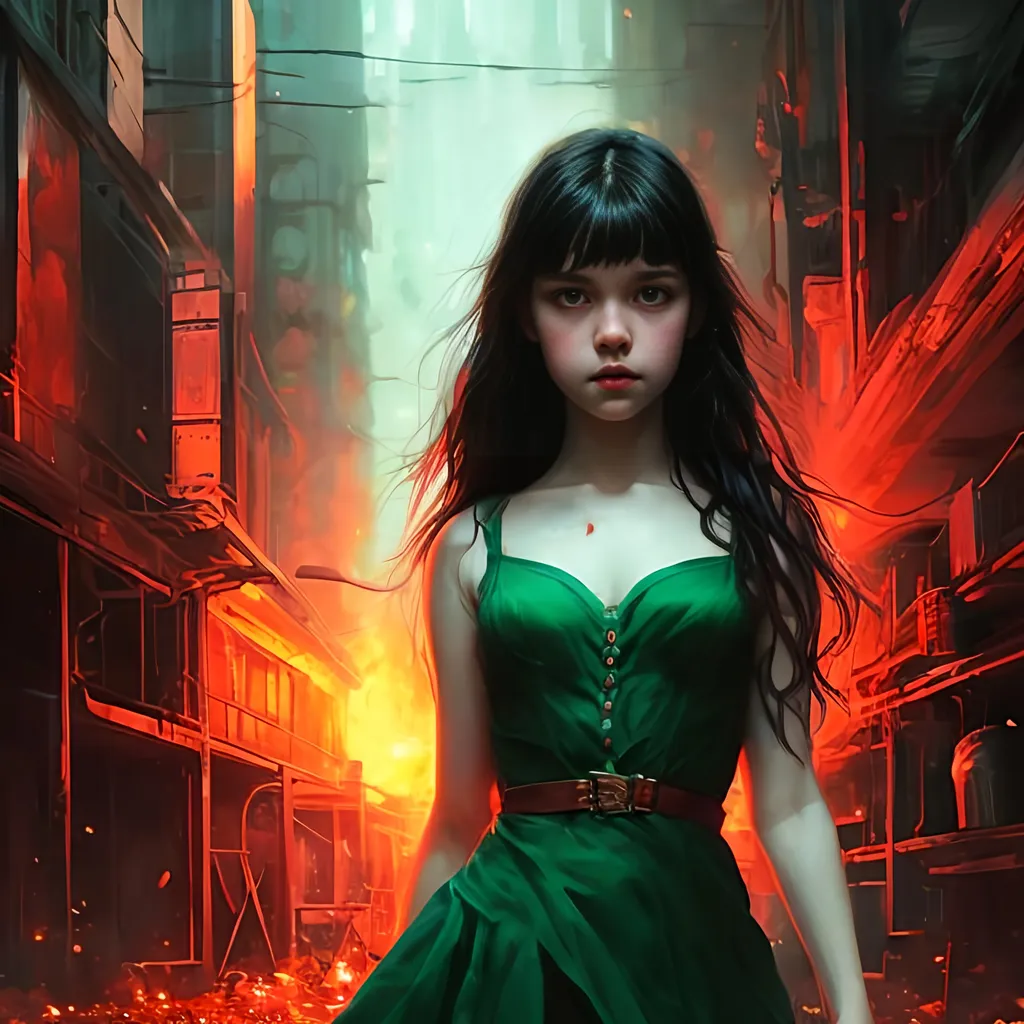 Prompt: portrait of a girl with black hair and green eyes, red dress, alley, fire, perfect composition, hyperrealistic, super detailed, 8k, high quality, trending art, trending on artstation, sharp focus, studio photo, intricate details, highly detailed, by wlop