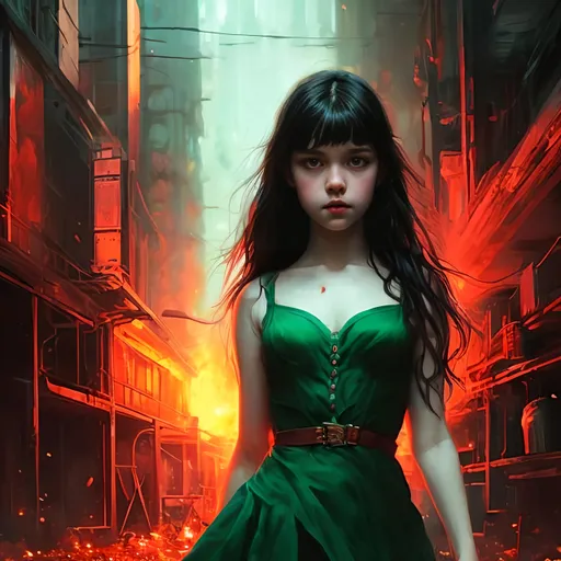 Prompt: portrait of a girl with black hair and green eyes, red dress, alley, fire, perfect composition, hyperrealistic, super detailed, 8k, high quality, trending art, trending on artstation, sharp focus, studio photo, intricate details, highly detailed, by wlop