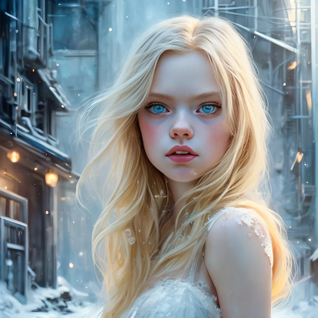 Prompt: portrait of a girl with blond hair and blue eyes, white dress, alley, ice, beautiful face. perfect composition, hyperrealistic, super detailed, 8k, high quality, trending art, trending on artstation, sharp focus, studio photo, intricate details, highly detailed, by wlop