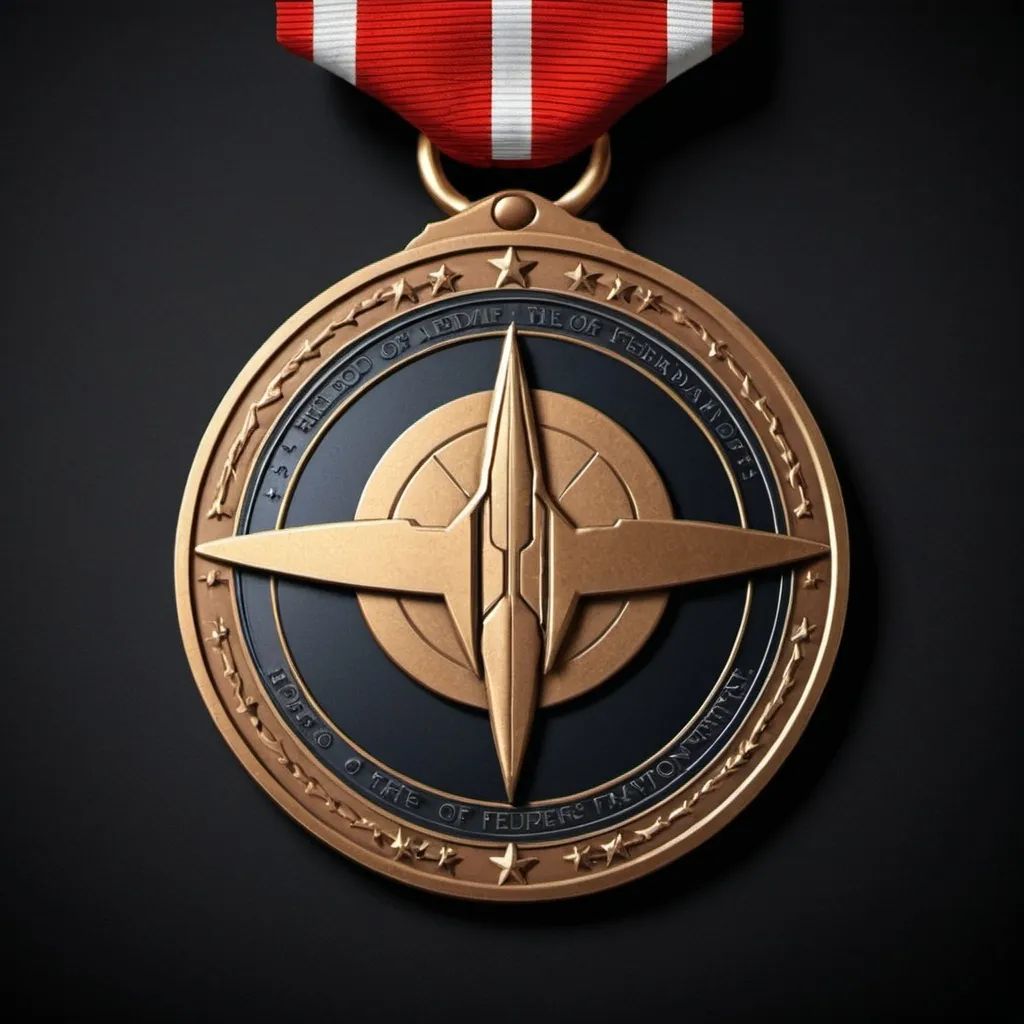 Prompt: a military service medal based on Starship Troopers universe Lore. The medal is called Hero Of the Federation.  place on a black background.
