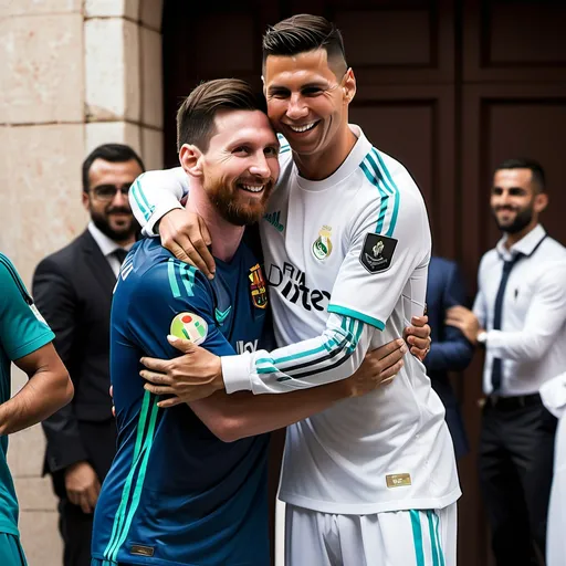 Prompt: (As messi and ronaldo exit, they exchange a hug outside the mosque, smiling with respect and joy.)