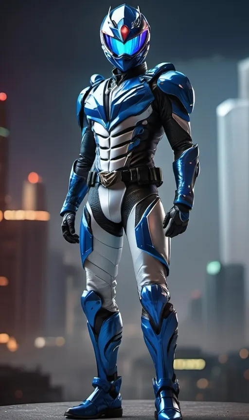 Prompt: (futuristic Kamen Rider), (unisex armor), vibrant blue armor that glistens, sleek leather uniform underneath, dynamic pose showcasing agility, high-tech details and patterns, a luminous visor reflecting light, dramatic atmosphere, cyberpunk city skyline in the background, (4K, ultra-detailed), powerful and confident stance, inspiring a sense of heroism and innovation.