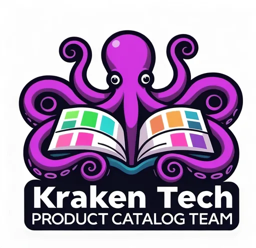 Prompt: a logo for kraken tech product catalog team with an octopus reading a book and holding a color palette, Andries Stock, altermodern, detailed product photo, computer graphics