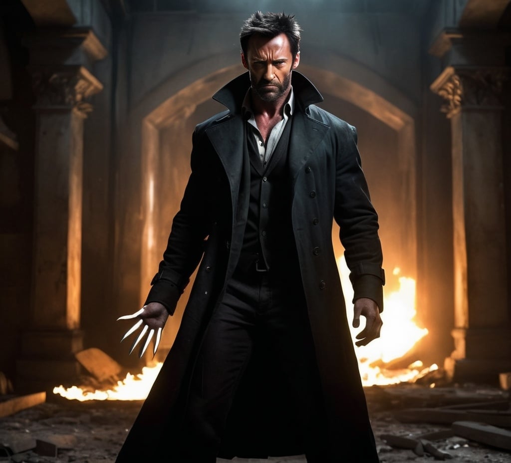 Prompt: Hugh Jackman as Logan from X-men, dusty black trench coat, adamantium claws, menacing stance, ruined abandoned castle room, intense and atmospheric lighting, high quality, detailed facial features, dark and gritty, somber color tones. He is on fire, he looks cosmic and evil. Raw. Pure force of evil energy