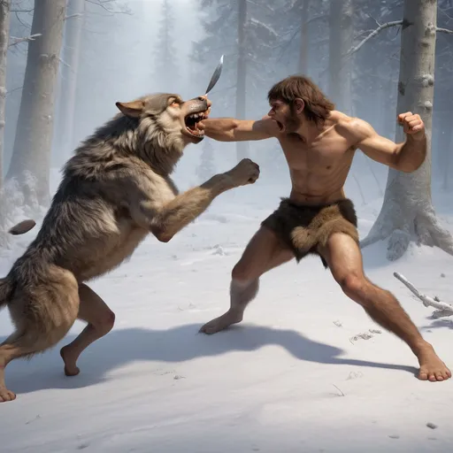 Prompt: young male neanderthal fighting a wolf