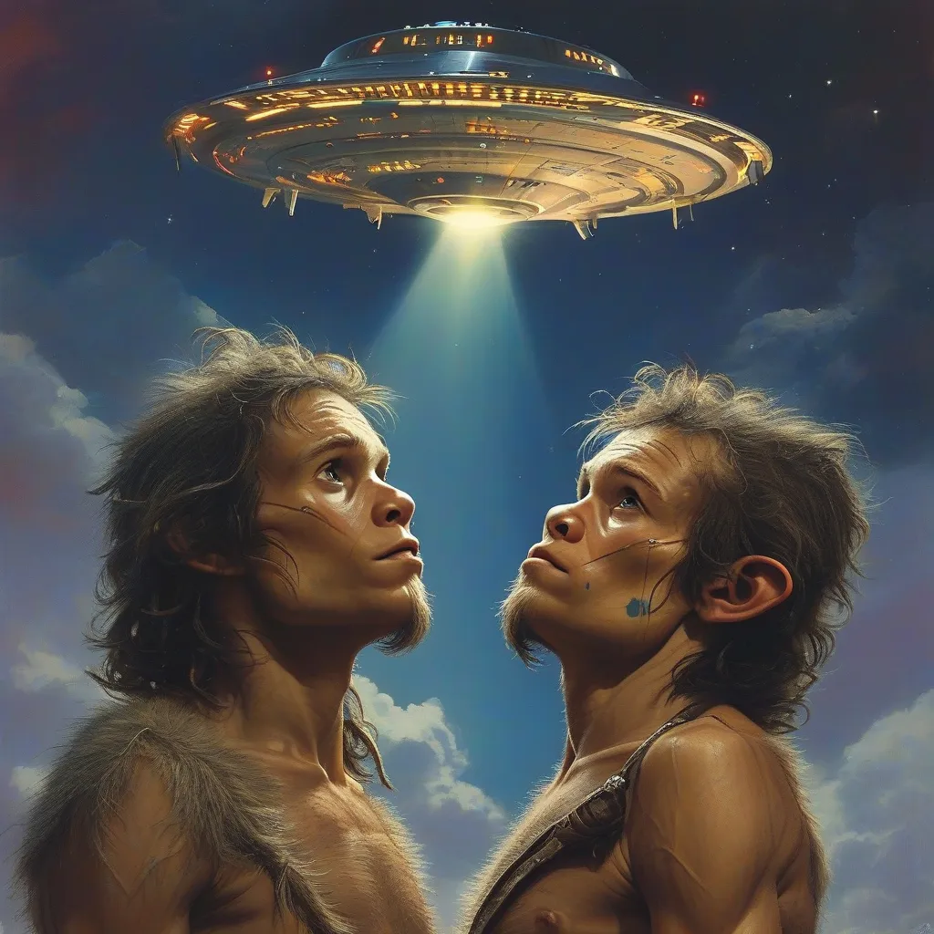 Prompt: young male neanderthal looking at an ufo