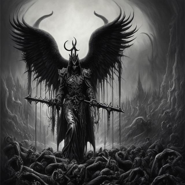 Prompt: Melancholic and mysterious realm in background, hordes of satans angels flying black metal art cover draw