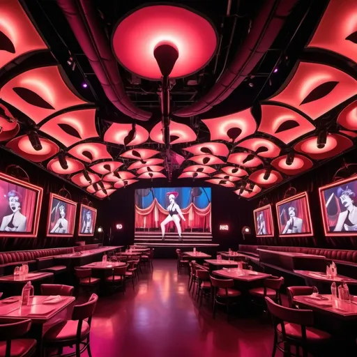 Prompt: the theatrical scenography that looks like a cabaret show and resembles a moulin lipstick in the background there are 30 television screens on the sides of the stage and in the middle of the strip dance bar