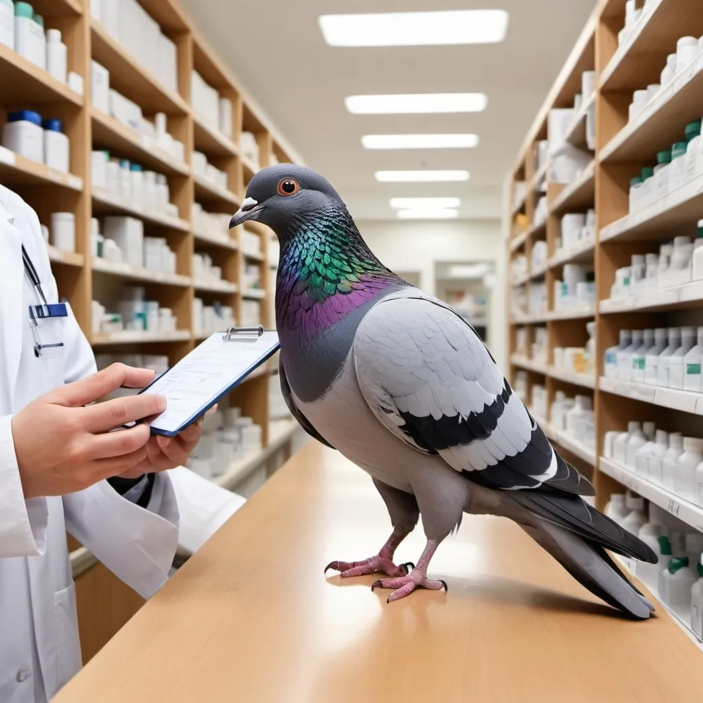 Prompt: Generate an image with pigeons transferring a message from a prescriber in a primary care clinic to a pharmacist in a pharmacy