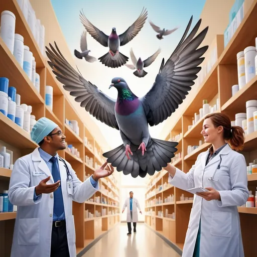 Prompt: pigeon flying between a doctor and a pharmacist