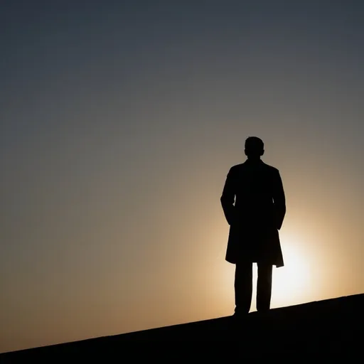 Prompt: a photo showing the silhouette of the shadow of a man standing opposite, the rising sun in the background