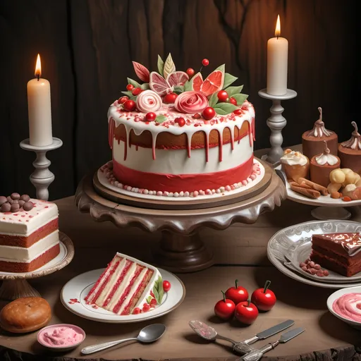 Prompt: (cake with red and white icing), elegantly presented on a rustic table, surrounded by various tantalizing food items, (detailed illustrations), inspired by Clara Peeters, featuring (intricate mayuran art), delicate pastel colors, warm lighting, lush textures, inviting ambiance, displaying both a close-up and wider view of the cake, (ultra-detailed), to capture the beautiful composition and artistry of the setting.