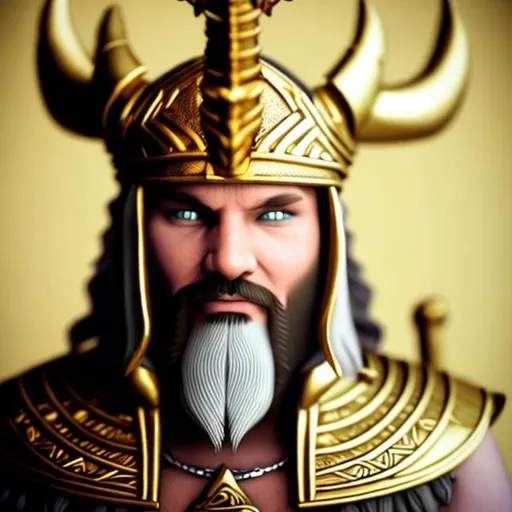 Prompt: Evil viking wearing gold, pharaoh style front view 