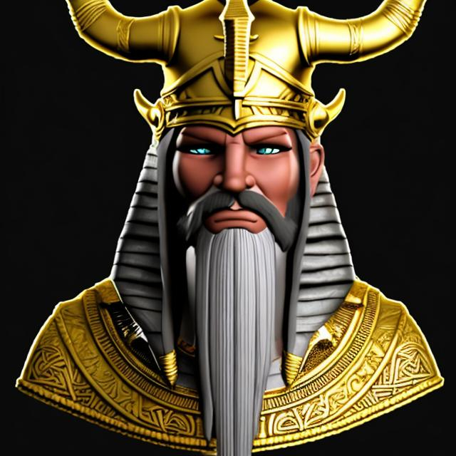 Prompt: Evil viking wearing gold, pharaoh style front view 