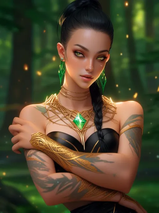 Prompt: <mymodel>A beautiful (light brown skin elf) with long (greenish black hair) shaved on the side, golden eyes, full shoulder and body (gold ink tattoo), wearing black leather pants and high heels, fantasy character, vibrant colors, dramatic lighting, ethereal atmosphere, highly detailed, mystical forest background, high quality, ultra-detailed, 4K.