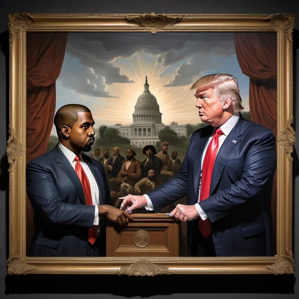 Prompt: Reimagine the painting American Progress by John Gast with Donald Trump and kanye west