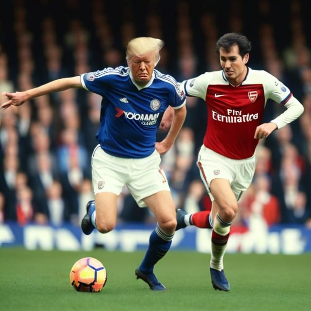 Prompt: Trump in Chelsea kit playing against Arsenal in Standford Bridge.