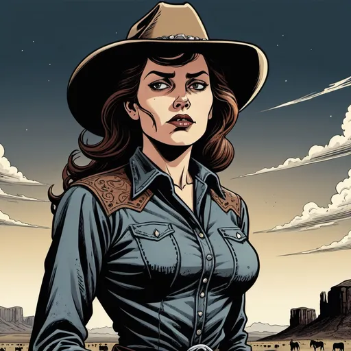 Prompt: Woman cowboy, landfields, detailed, dark colors, dramatic, graphic novel illustration,  2d shaded retro comic book