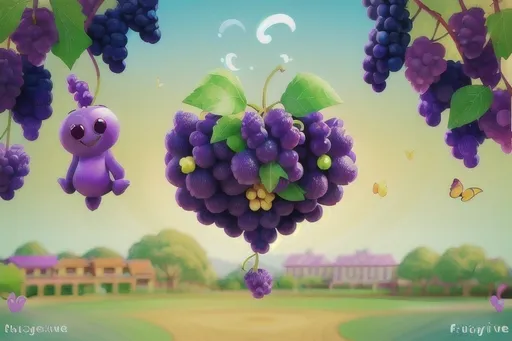 Prompt: "Create a colorful cartoon animation of a bunch of purple grapes hanging from a green vine. Each grape has a happy face and they giggle and wobble gently in the breeze. A bright sunny background with butterflies and smiling clouds adds charm. Show a large, playful letter 'G' nearby. The scene should be fun, lively, and perfect for a joyful alphabet learning video."