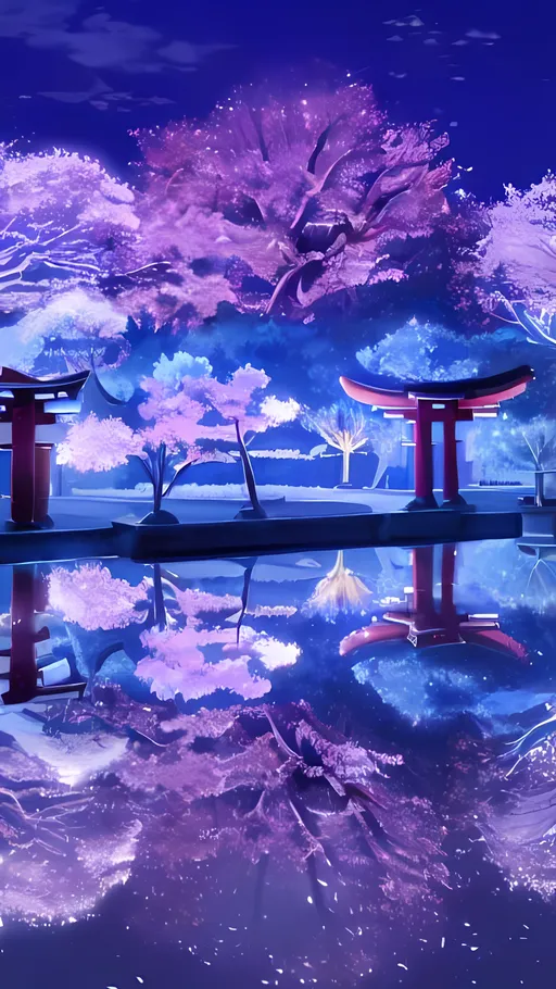 Prompt: Create in anime/japanese style, sky blue color, in a park, at night, beautiful light, a Torii, sakura tree, lilac