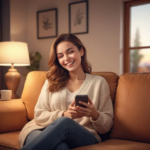 Prompt: Satisfied woman, modern digital illustration, detailed facial expression, holding phone, new sofa, indoor setting, cozy and warm lighting, high quality, modern digital art, contemporary style, comfortable environment, happy expression, sleek design, professional, warm tones, cozy lighting