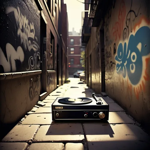 Prompt: (vintage album cover) record player, set in a (gritty urban alley), warm lighting casting long shadows, graffiti-covered walls, ambient mood, nostalgic vibe, subtle hints of moisture in the air, intricate details of vinyl and player mechanics, hint of dishonesty in a concealed corner, (Sid Noir style), ultra-detailed, HD quality.

On the wall is painted "Don't give up the Ship"

graffiti on the wall says "Sid Noir"