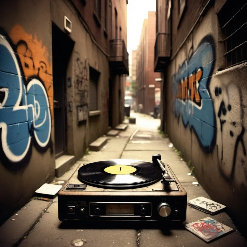 Prompt: (vintage album cover) record player, set in a (gritty urban alley), warm lighting casting long shadows, graffiti-covered walls, ambient mood, nostalgic vibe, subtle hints of moisture in the air, intricate details of vinyl and player mechanics, hint of dishonesty in a concealed corner, (Sid Noir style), ultra-detailed, HD quality.

graffiti on the wall says "Sid Noir"