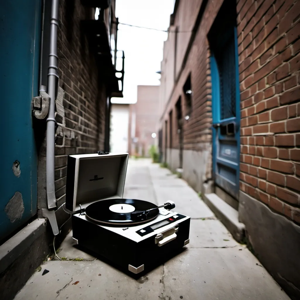 Prompt: a record player in an alley