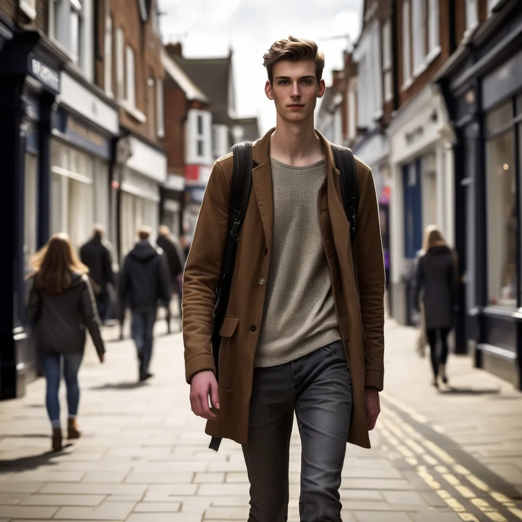 Prompt: Tall young man walking down the high street, detailed clothing, realistic, natural lighting