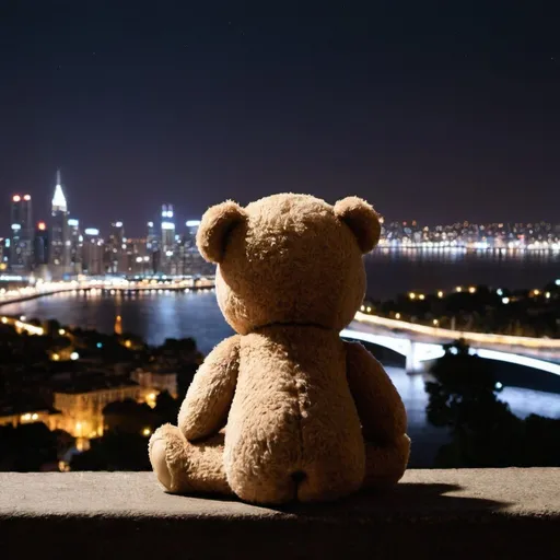 Prompt: a teddy bear looking at a city at night