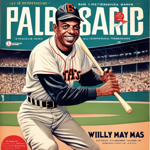 Prompt: willy mays on the first page of magazine, 50's editorial color illustration