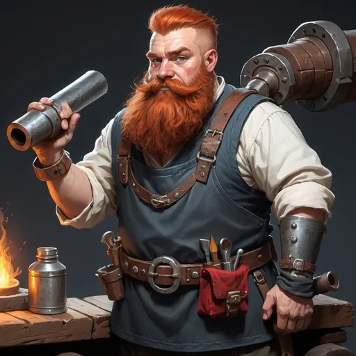 Prompt: Make a character portrait of a hardened Dwarf artificer with a red beard, lots of tool kits on his person, a blacksmith's apron with medical design, and accompanied by a three-legged atomoton cannon.