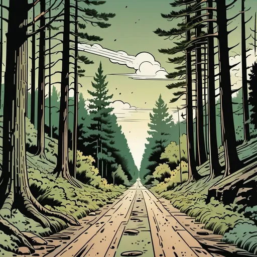 Prompt: Commando comic-style illustration of a forest road
, tree-lined road, forest setting
, vintage military comic, vintage colour palette, dynamic composition, professional artwork
