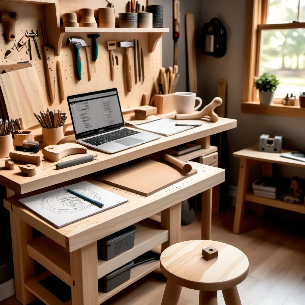 Prompt: A professional woodworking bench with tools like a hammer, saw, and sandpaper. A laptop is open, displaying a detailed woodworking plan, and a notebook with sketches lies beside it. A coffee cup adds a cozy touch. In the background, a shelf holds finished projects like a wooden stool, a decorative box, and a toy. The scene is softly lit with natural tones. Overlay text: "16,000 Step-by-Step Woodworking Plans – Start Today!"