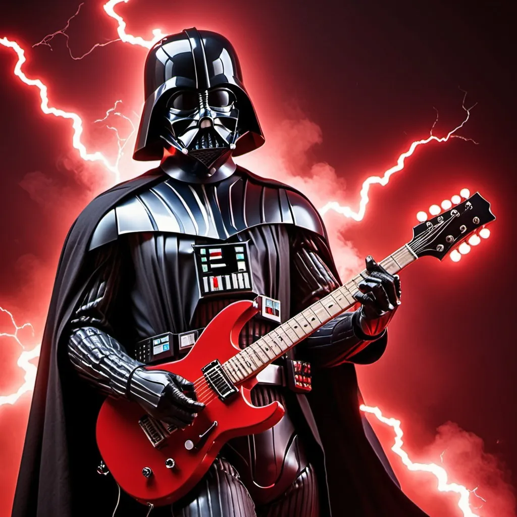 Prompt: darth vader playing electric guitar with red lightning in the background