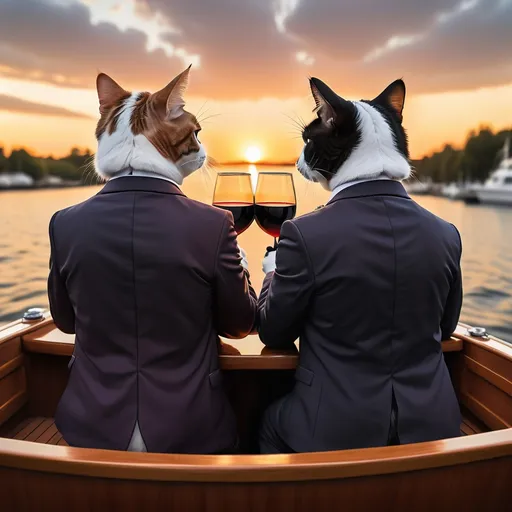 Prompt: A view from behind of two cats in suits sitting on a boat toasting with wine glasses while watching the sunset.