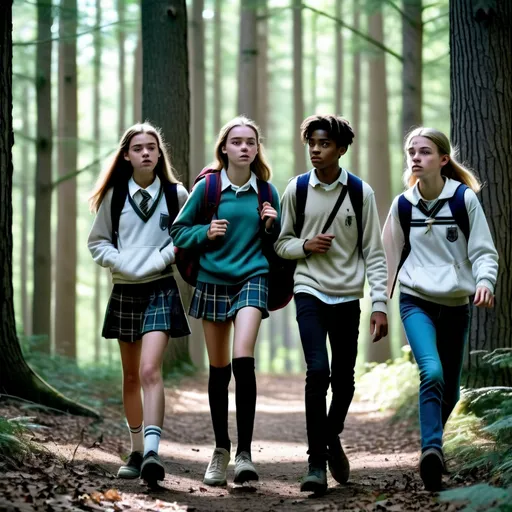 Prompt: Three teens are escaping to the woods from a boarding school , cinematic 
