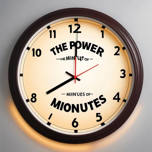 Prompt: People with smiling faces have inspiration from a clock that shows 2 minutes. Book Title: "The power of Two minutes"  light color background  with glowing faces of the people