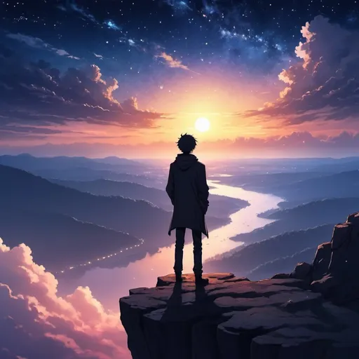 Prompt: lonely man on the top of a cliff looking at the sunset, beautiful sky, stars, galaxy, anime style