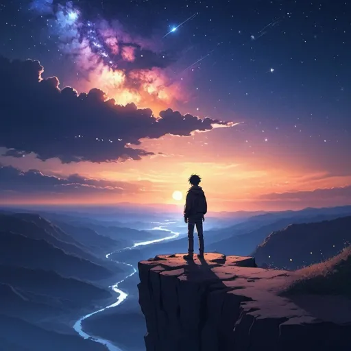 Prompt: lonely man on the top of a cliff looking at the sunset, beautiful sky, stars, galaxy, anime style