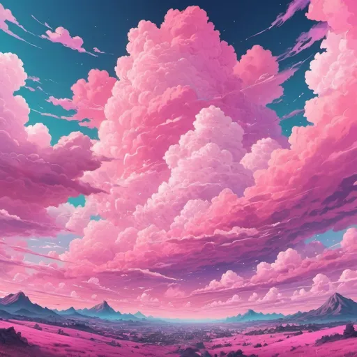 Prompt: Insane anime landscape with pink sky and clouds, vibrant and surreal, dreamy pastel colors, anime style, highres, ultra-detailed, surreal, vibrant colors, dreamy, pink sky, anime, landscape, surreal clouds, vibrant, detailed, atmospheric lighting