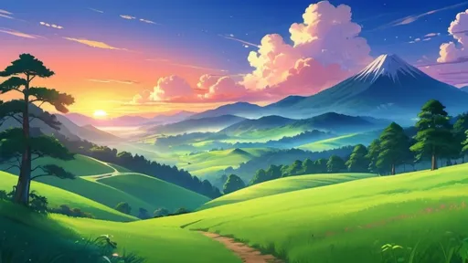 Prompt:  serene anime landscape: vibrant hues paint the sky as the sun sets, casting a warm glow over rolling hills and lush forests. Let your creativity flow as you craft a breathtaking scene of nature's beauty, where every detail comes alive in the magical world of animation. Let this prompt inspire your creation for a stunning PC wallpaper that transports viewers to a world of wonder and tranquility