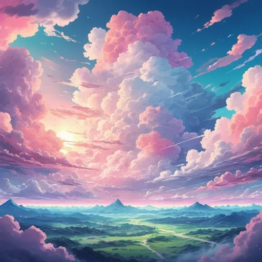 Prompt: Insane anime landscape with white clouds, vibrant and surreal, dreamy pastel colors, anime style, highres, ultra-detailed, surreal, vibrant colors, dreamy, sunset, anime, landscape, surreal clouds, vibrant, detailed, atmospheric lighting