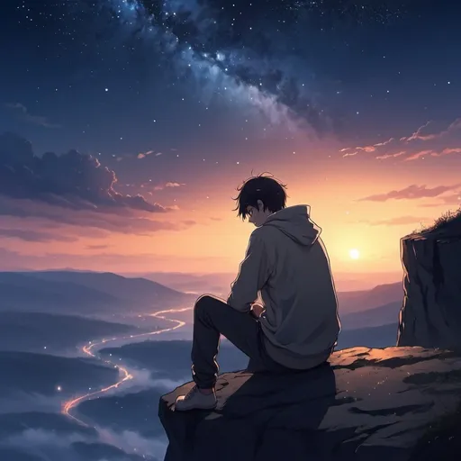 Prompt: lonely and sad man sitting on the ground at the top of a cliff looking at the sunset, beautiful sky, stars, galaxy, anime style