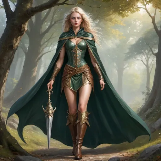 Prompt: Femme elfe haut noble avec une rapiere magique et un petit bouclier à l'avant bras. Elle porte une cape bien ouvragée et une armure de cuir sur la poitrine. Elle a une jupe et des bottes hautes bien ouvragées. Elle a une longue chevelure dorée 