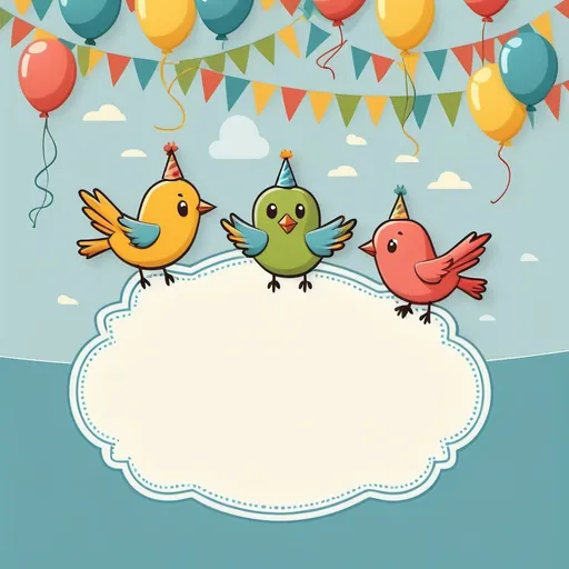 Prompt: Create an empty template for a birthday party invitation with three cute cartoon birds flying in the air. 

