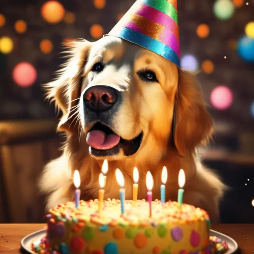 Prompt: old golden retriever with birthday hat and a cake