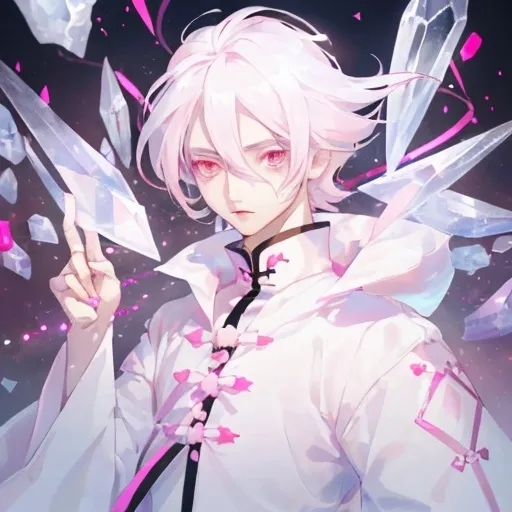 Prompt: a GUY, crystal pink white hair, WHITE eyes, white clothes, around the age of 25, sweet appearance, Chinese, crystal 