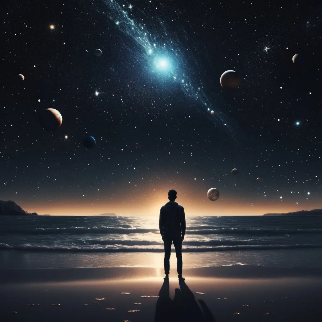 Prompt: an image of a man by the shores of a beach overlooking a sky full of stars and the planets. make it look ai generated and let it be drawn by stars on a black background. put enough space element.